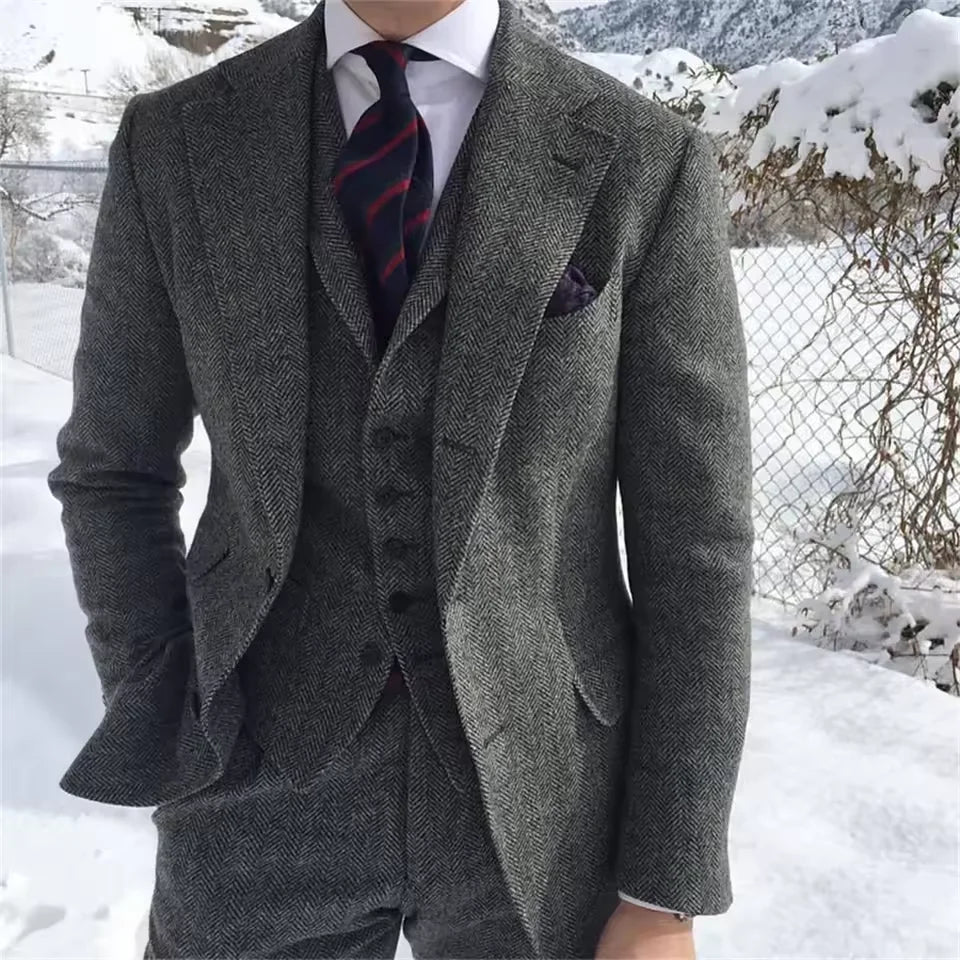 New Wool Tweed Winter Men Suit's For Wedding Formal Groom Tuxedo Herringbone Male Fashion 3 Piece Suit (Jacket + Vest + Pants)