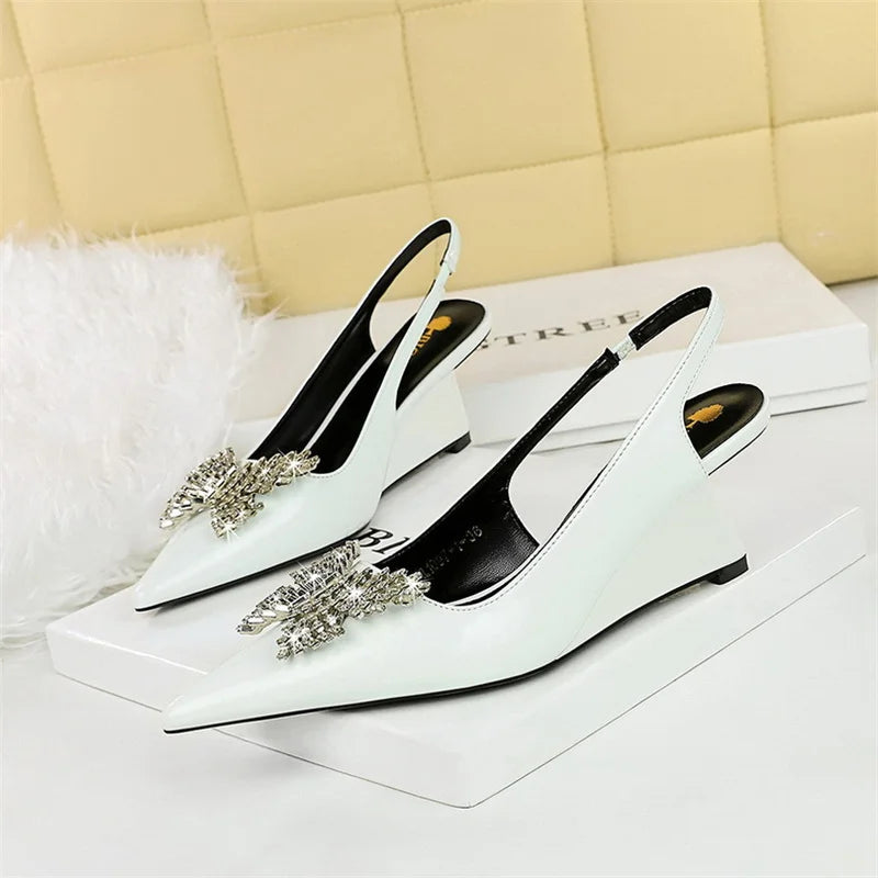 New Wedges Patent Leather Shallow Pointed Toe High Heels Sandals Hollow Back Straps Metal Crystal Bow Ladies Single Shoes
