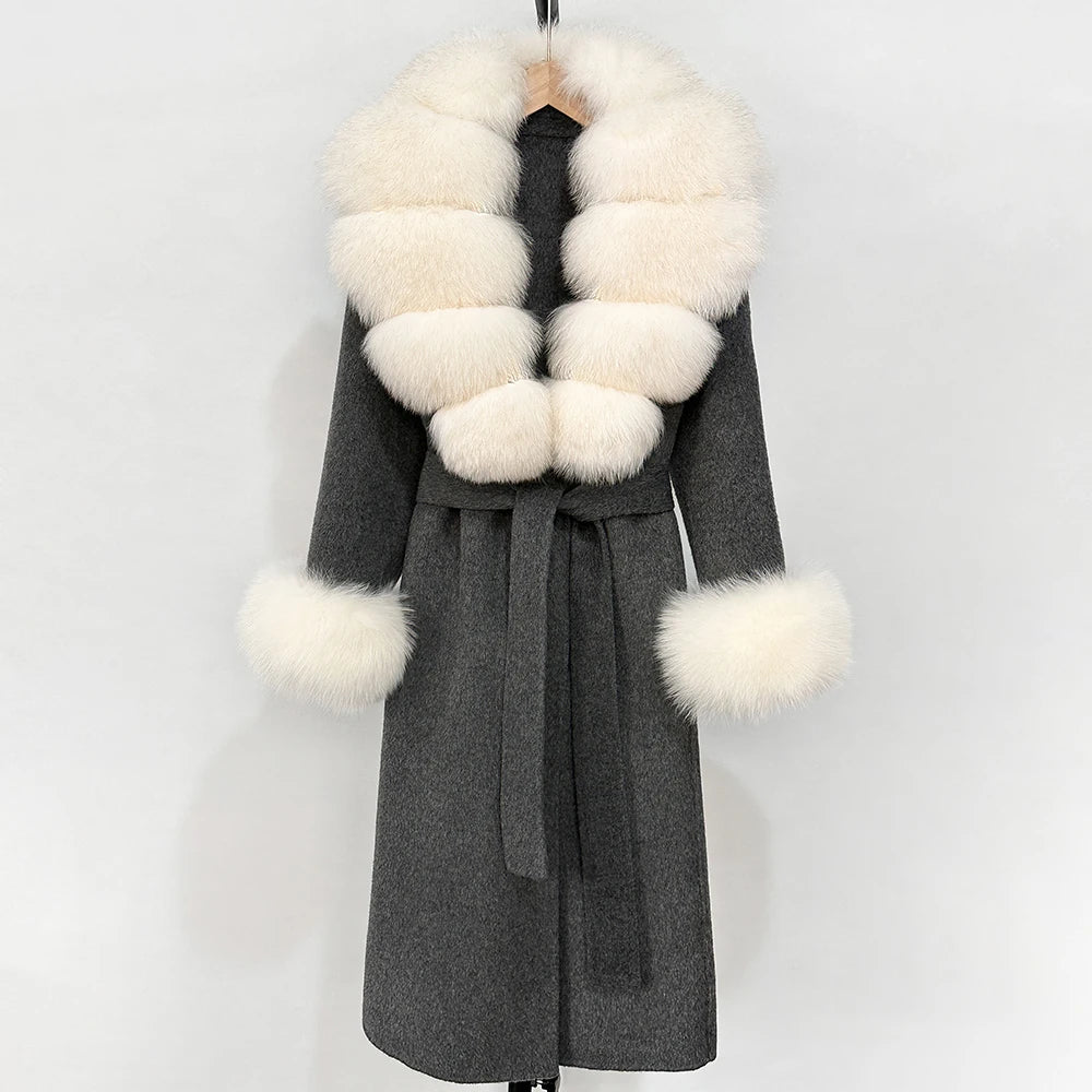 2025 New Autumn Wool Blend Coat Women Elegant Warm Real Fox Fur Collar Winter Wool Coat Female Double-sided Cashmere Jacket