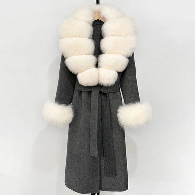 2025 New Autumn Wool Blend Coat Women Elegant Warm Real Fox Fur Collar Winter Wool Coat Female Double-sided Cashmere Jacket