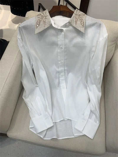 Women White Linen Blends Shirt Sequin Embroidery Turn-Down Collar Long-Sleeved Lady Loose Blouse