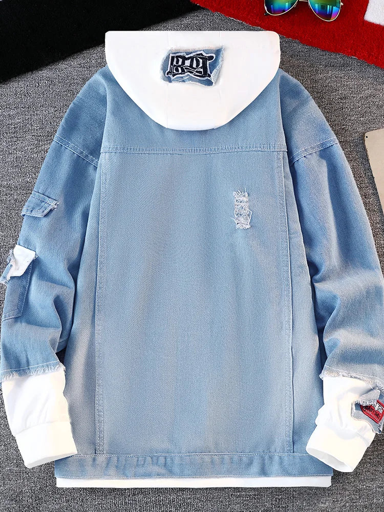 Fall Men's Denim Jaet Baseball Sle Casual Hoodie Outerwear Spring Autumn Couple's Faionable Loose Fit Long Sve