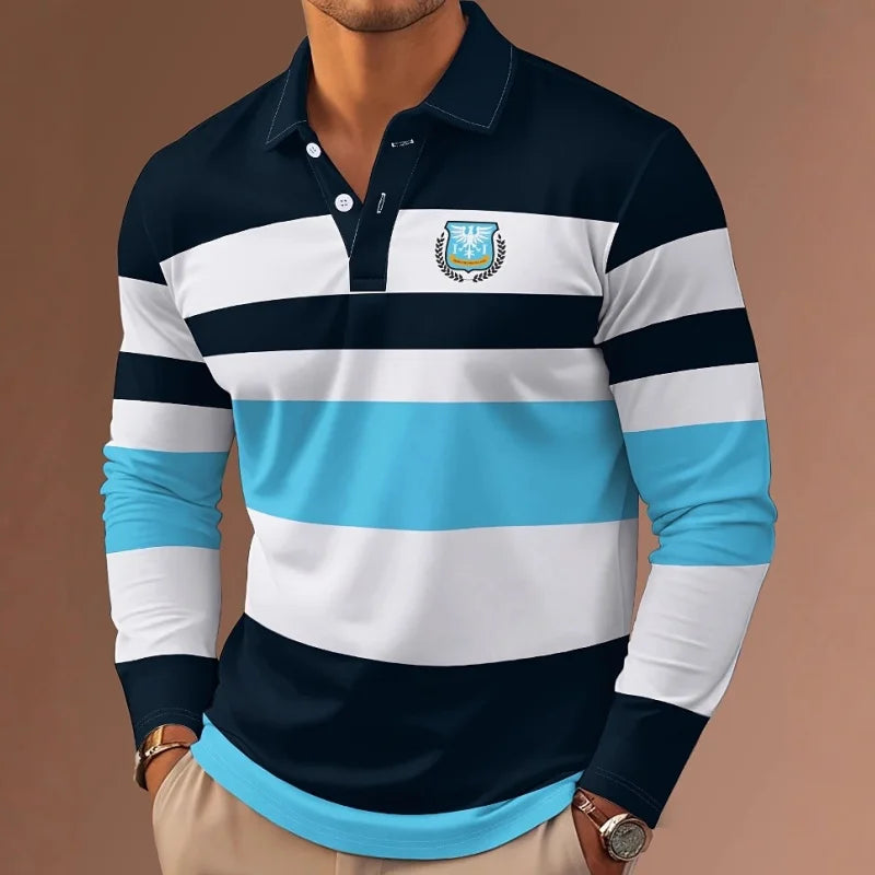 2025 New Classic Stripe Printed Men's Long Sleeve Polo Shirts Autumn Casual Comfortable Fit Button Polo Tops Street Man Pullover
