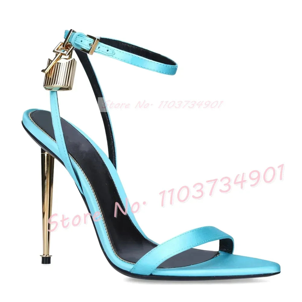 Metal Heel Lock Metallic Leather Sandals Female Luxury Open Toe Stiletto High Heels Shoes Lady Elegant Party Ankle Strap Sandals