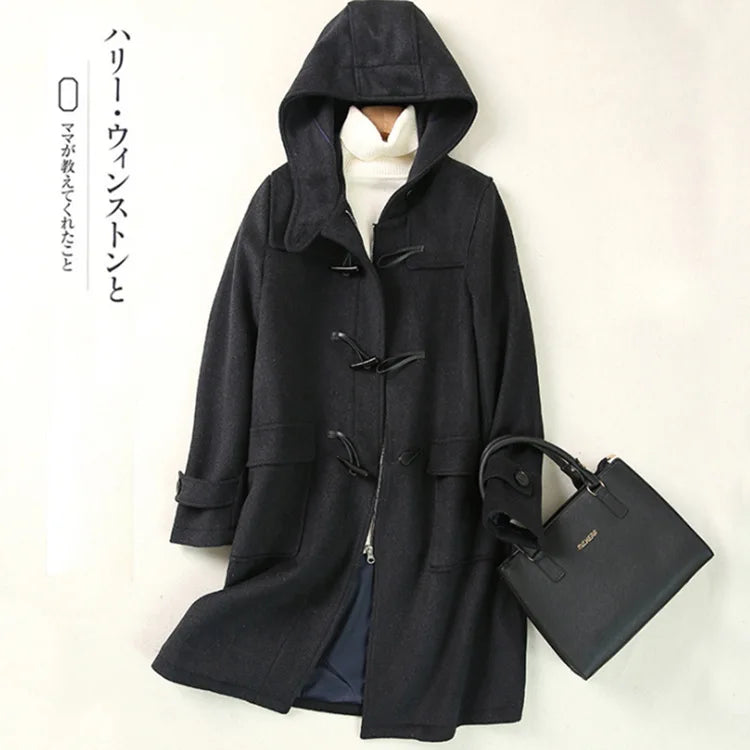 Fashion horn buckle coat woolen coat women pocket winter coats abrigos elegantes mujer