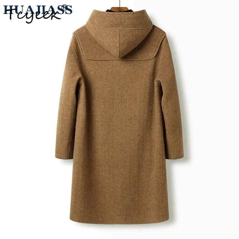 Tcyeek 70% Wool 30% Polyester Autumn Winter Double Sided Wool Hooded Coffee Colored Medium Long Men's Wool Coat Abrigo Hombre