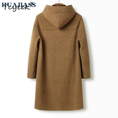 Tcyeek 70% Wool 30% Polyester Autumn Winter Double Sided Wool Hooded Coffee Colored Medium Long Men's Wool Coat Abrigo Hombre