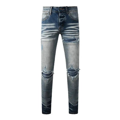 Fashion Top Quality Streetwear Distressed Men's Jeans  Vintage Low Rise Stretch Skinny Button Fly Ripped Hold Pants