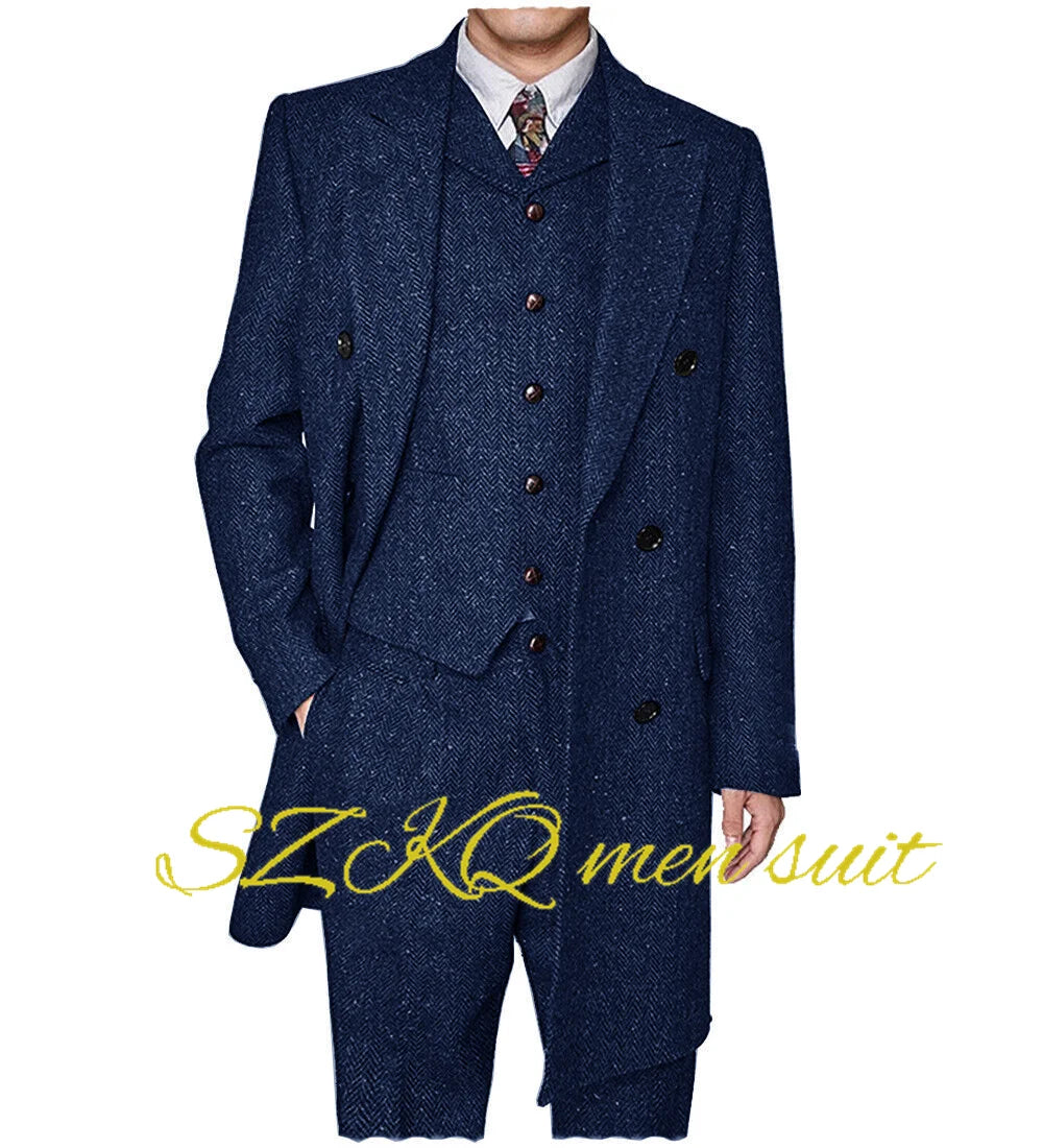 Men's Suit Retro 3 Piece Herringbone Long Jacket Double Breasted Blazer