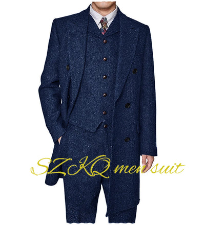 Men's Suit Retro 3 Piece Herringbone Long Jacket Double Breasted Blazer