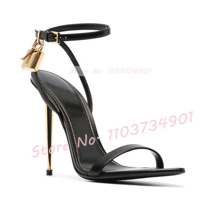 Metal Heel Lock Metallic Leather Sandals Female Luxury Open Toe Stiletto High Heels Shoes Lady Elegant Party Ankle Strap Sandals