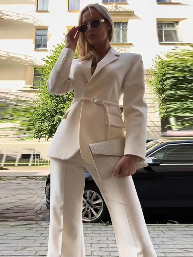 Belt Suit Coat Top Pants Set Lace Up Waist Cinching V-Neck Commuter Fashion Slim Fit Women Jacket Outwear Trousers Formal Attire