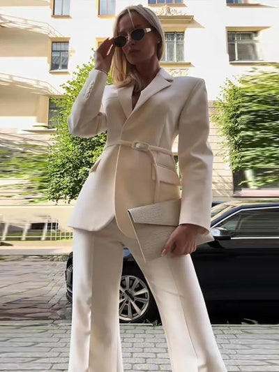 Belt Suit Coat Top Pants Set Lace Up Waist Cinching V-Neck Commuter Fashion Slim Fit Women Jacket Outwear Trousers Formal Attire