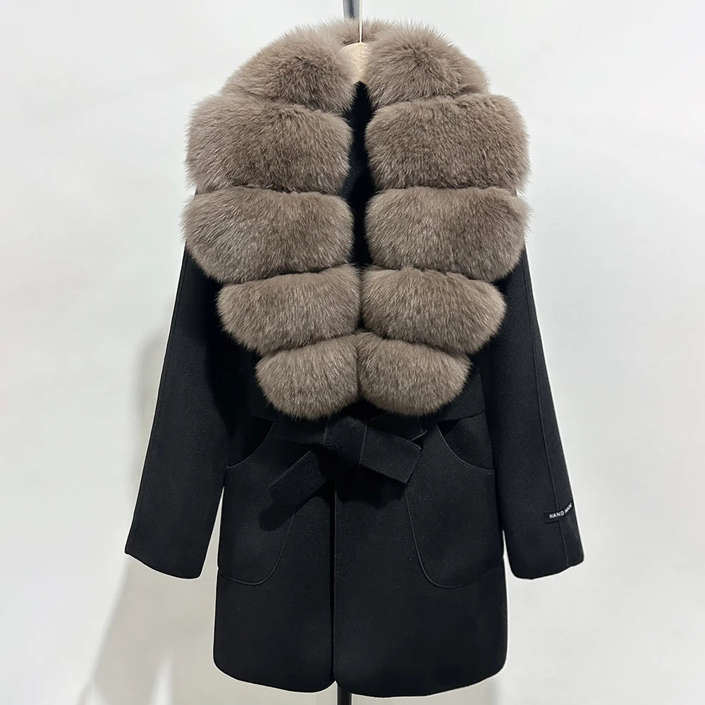 Wool Blend Jacket Autumn Women Winter Fashion Real Fox Fur Collar European Fahsion Woolen Coat Natural Fur Collar Coat Female