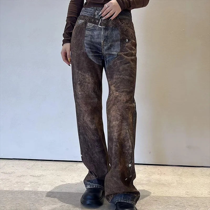 High-quality women's jeans new illusion print mid-rise straight-leg denim pants are trendy and loose-fitting 2591961