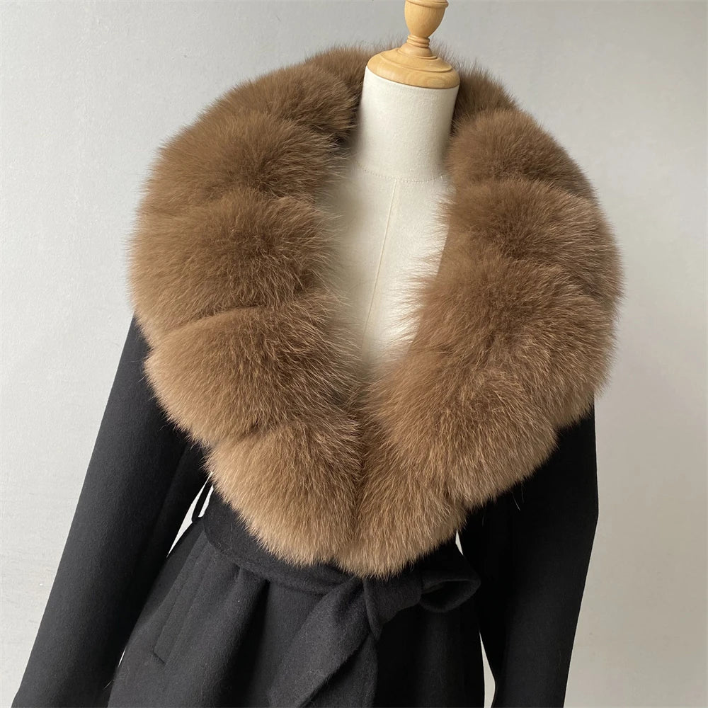 Jaxmonoy Women's Wool Coat with Luxury Big Real Fox Fur Collar 2025 Winter Warm Woolen Jacket Ladies New In Outerwear with Belt
