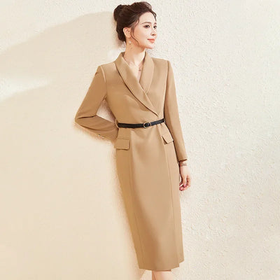 Elegant Slim Fit Suit Dress for Women Black Long Sleeve Commute Friendly Professional Long Skirt Style Spring Ready