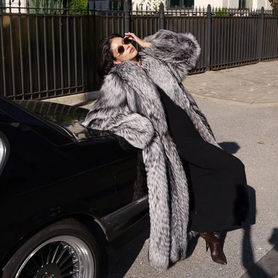 Women Real Silver Fox Fur Coat with Lapel Collar Whole Skin Genuine Silver Fox Fur Coat Women Winter Outwear Thick Warm Overcoat