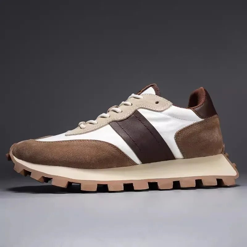 Fashion Mens Genuine Leather Sneakers Patchwork Design Platform Casual Shoes Lace Up Spring Thick Bottom Jogger Trainers Male