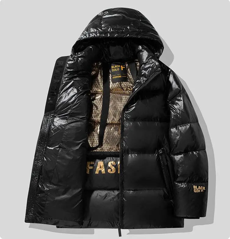 New Winter Men Hooded Black Shiny Puff Jackets Duck Down Coats Warm Casual Down Jackets Male Outdoor Windproof Parkas Size 3XL