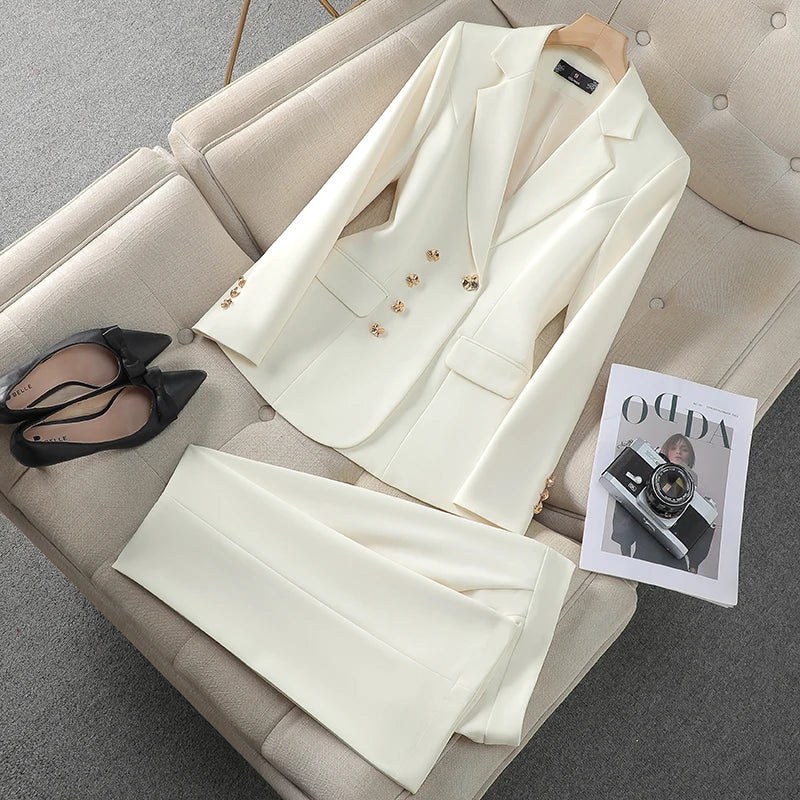 NAVIU New 2024 Women Pant Suits Pink Blazer And Jacket Set Office Ladies Work Business Uniform Female Pantsuit OL Style Beige