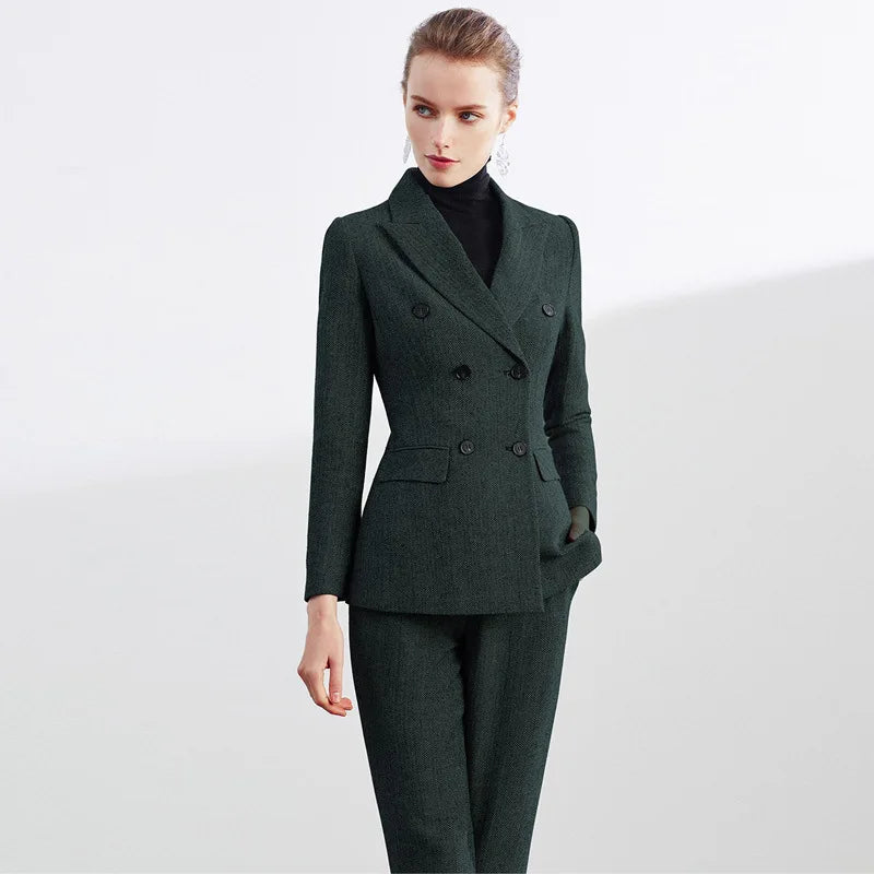 Retro Wool Suit Two Piece Sets Womens Outifits Double-Breasted Blazer Female President Manager Professional Suit Set Clothing