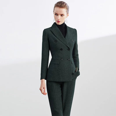Retro Wool Suit Two Piece Sets Womens Outifits Double-Breasted Blazer Female President Manager Professional Suit Set Clothing