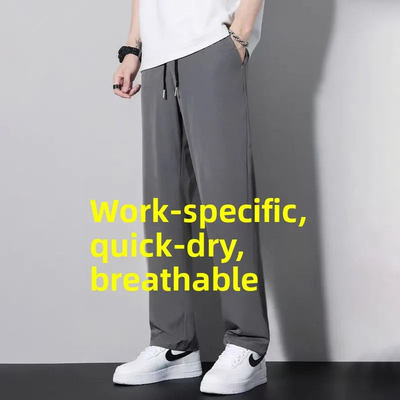 New 2025 Men's Ice Silk Qui Dry Casual Pants Thin Straight Leg Loose Drapey Spor Summer Long Trousers Everyday Wear