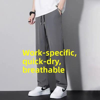 New 2025 Men's Ice Silk Qui Dry Casual Pants Thin Straight Leg Loose Drapey Spor Summer Long Trousers Everyday Wear