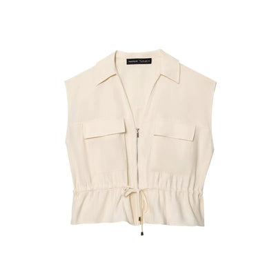 TRAFZA Women Casual Chic Blue Pant Set Zipper V-neck Beige Vest Elastic Waist Pant 2025 Spring Fall Fashion Elegant Vest Set