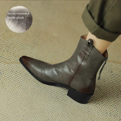 2025 Autumn/winter Women Boots Genuine Leather Western Boots Women Shoes Pointed Toe Chunky Heel Chelsea Boots Retro Ankle Boots
