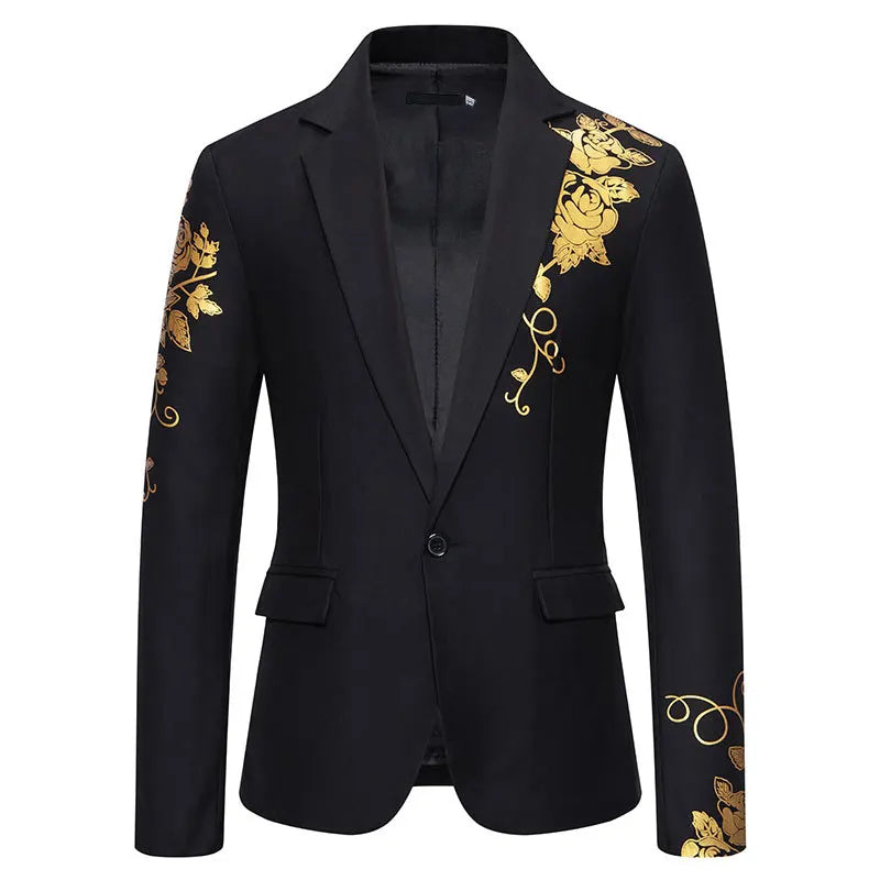 Gold Floral Print Blazer Suits Wedding One Button Men's Formal African Evening Jacket Coat Lapel Collar Notched Prom Bridegroom