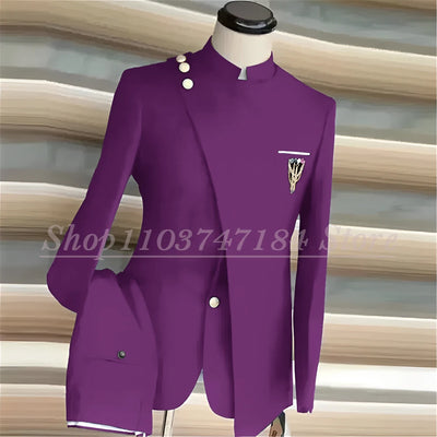 Navy Blue Men's Suits Single Breasted Stand Lapel Blazer African Style Formal Occasion Party 2 Piece Jacket Pants Costume Homme