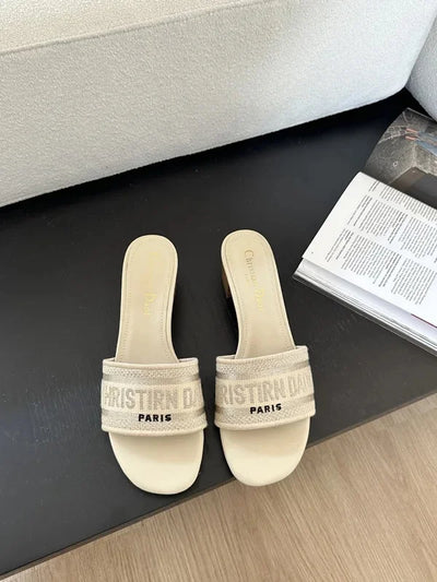 2024 Spring Summer New Women's Embroidery Letter Slippers One-Row Round Head Thick Heel Middle Heel Slip-On Outer Wear