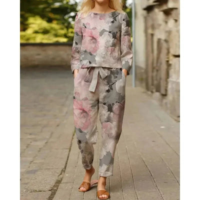 Spring Summer New Vintage Print Long Sleeve round Neck T-Shirt Set Wide Leg Pants Ethnic Style Fashionable Women's Outfit
