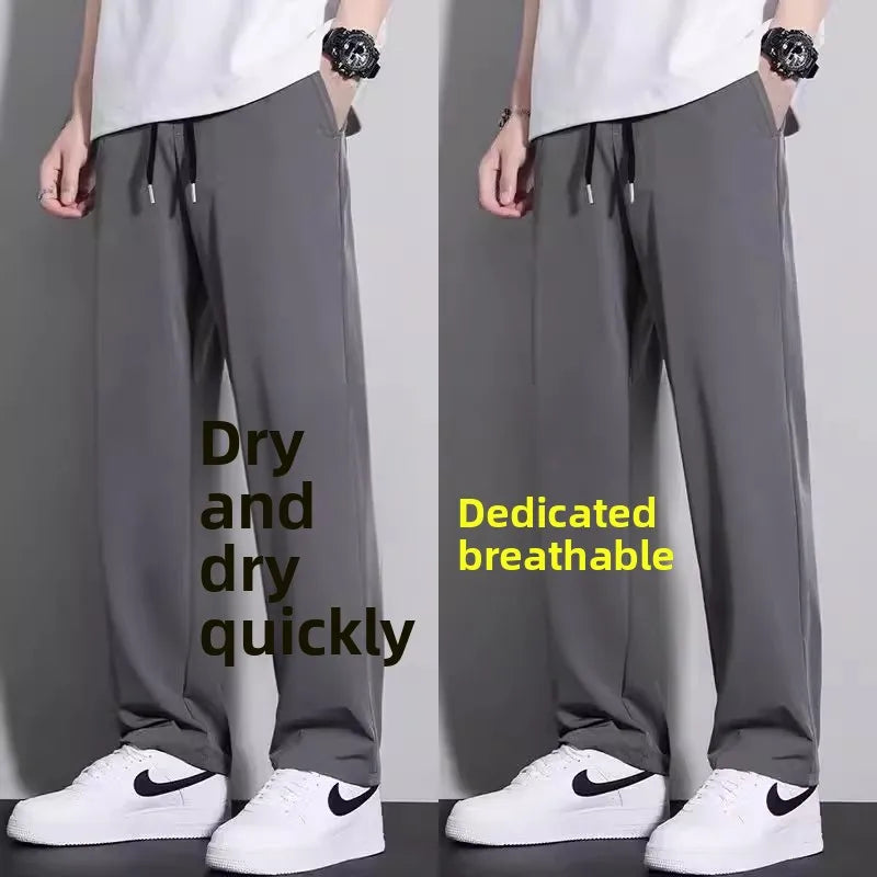 New 2025 Men's Ice Silk Qui Dry Casual Pants Thin Straight Leg Loose Drapey Spor Summer Long Trousers Everyday Wear