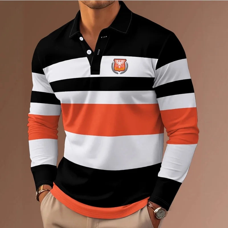 2025 New Classic Stripe Printed Men's Long Sleeve Polo Shirts Autumn Casual Comfortable Fit Button Polo Tops Street Man Pullover