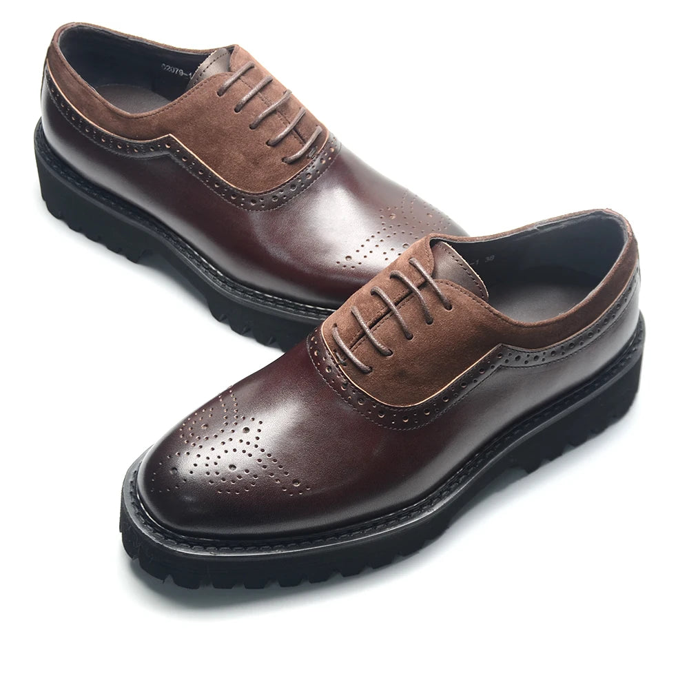 Soft Chunky Black Sole Men Oxford Dress Sneakers Genuine Leather Brogue Suede Casual Business Elevator Shoes Lace-up Modern Man