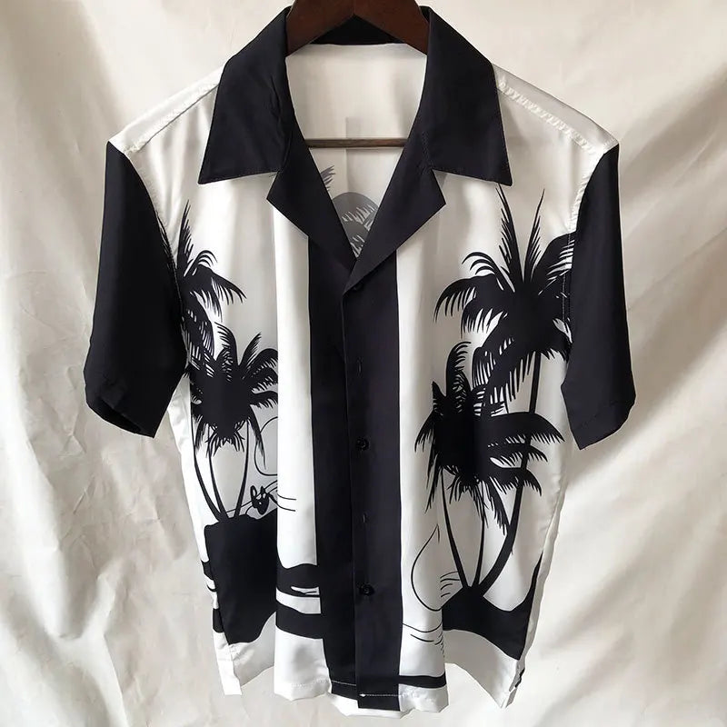 Black White Contrasting Coconut Palm Graphic Print Hawaii Short Sleeve Shirt Men Lapel  Man Shirt Homme Camisetas Hombre