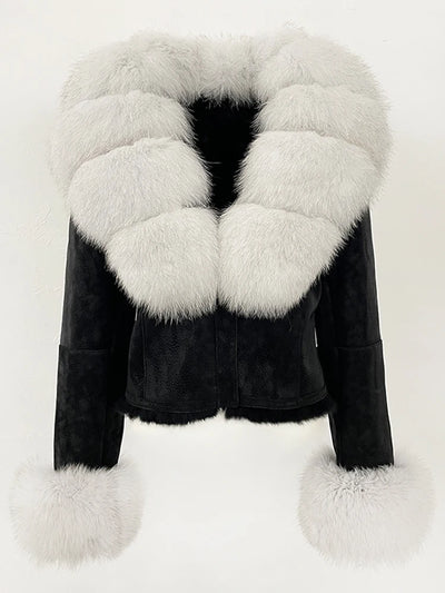 OFTBUY Fashion Short New Autumn Winter Fur Clothing Real Rabbit Fur Liner Suede Jacket Women Natural Fox Fur Collar Coat Female