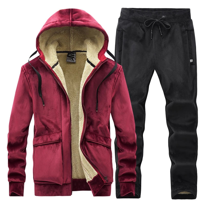 Cashmere Mens Fleece Warm Tracksuit Male Winter Warm Hooded Fashion Sets Mens Hoodies + Pants Sportswear Sets WinterThick Set