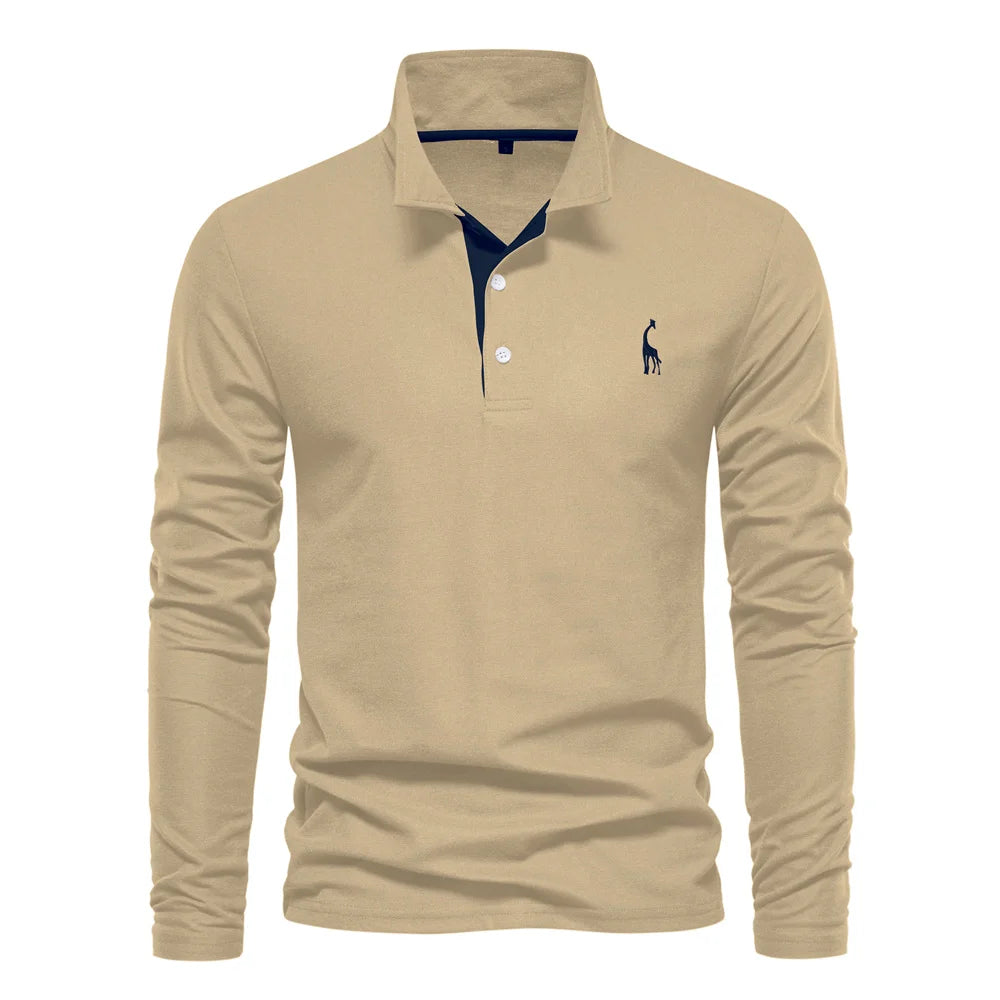 AIOPESON 2023 New Men's Deer Embroidery Polo Shirts Solid Color Long Sleeve Social Business Male
