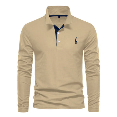 AIOPESON 2023 New Men's Deer Embroidery Polo Shirts Solid Color Long Sleeve Social Business Male