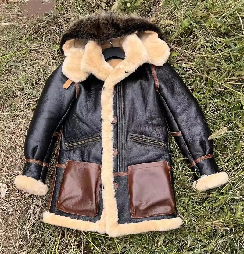 YR!Wholesales.Classic bomber real fur jacket.Long Warm winter thick wool coat.Luxury genuine leather cloth,natural shearling