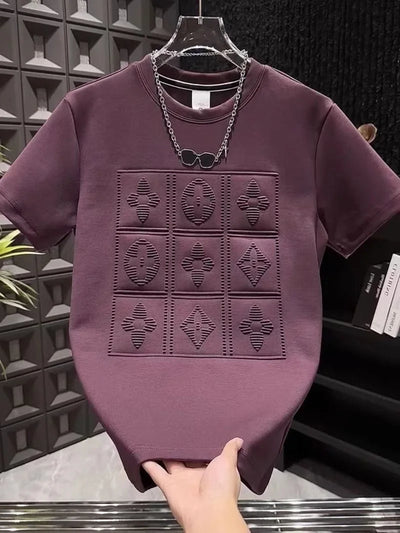 2025 summer new men's versatile heavy industry letter steel print short sleeve t-shirt fashion casual crew neck pullover top