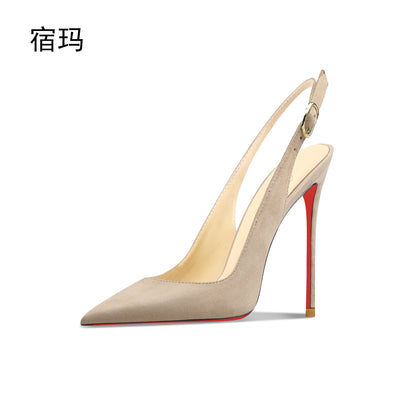 New nude suede high-heeled sandals with pointed, thin heels and shallow mouth for summer. One foot style single shoe