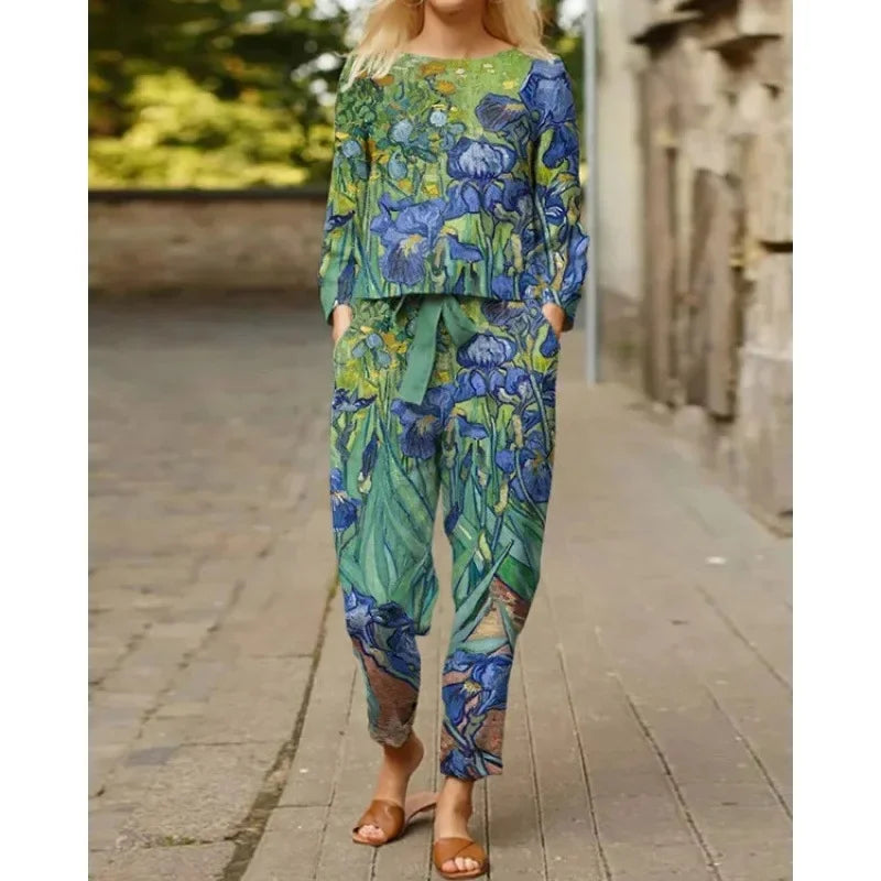Spring Summer New Vintage Print Long Sleeve round Neck T-Shirt Set Wide Leg Pants Ethnic Style Fashionable Women's Outfit