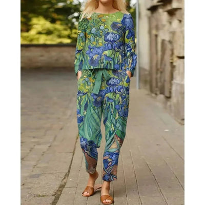 Spring Summer New Vintage Print Long Sleeve round Neck T-Shirt Set Wide Leg Pants Ethnic Style Fashionable Women's Outfit