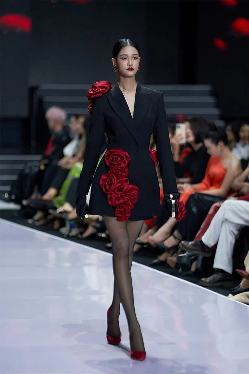Newest Couture Stretchy Black Women Blazer Dresses With Red Handmade Flower Details Fashion Maxi Dress