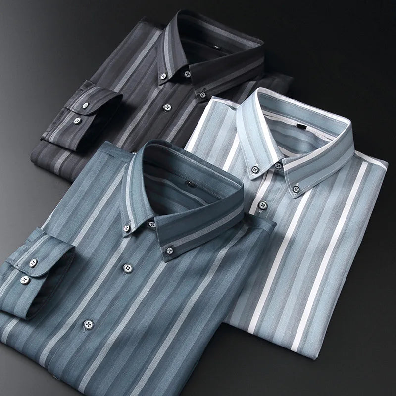 Spring and Autumn new bamboo fiber long sleeve shirt business slim shirt Men's clothing Men's long sleeve printed striped shirt